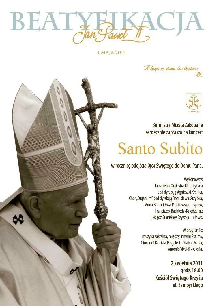 W rocznicę śmierci Jana Pawła II koncert Santo Subito