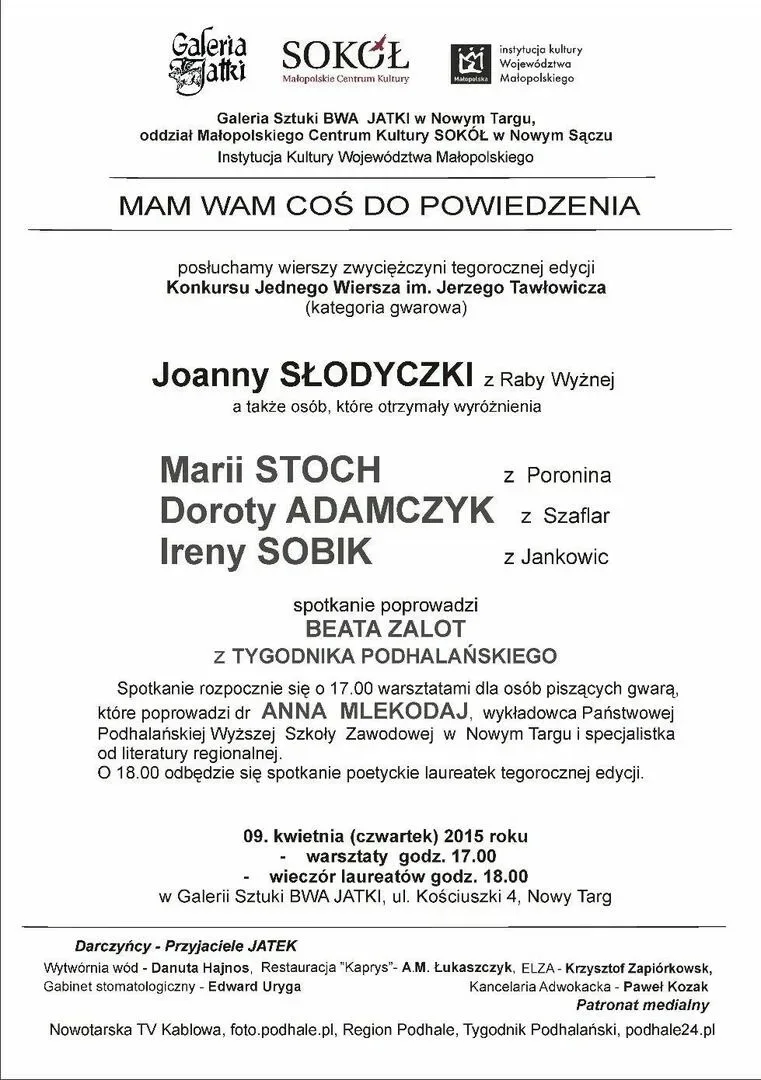 WIECZÓR POEZJI w Galerii Sztuki BWA JATKI