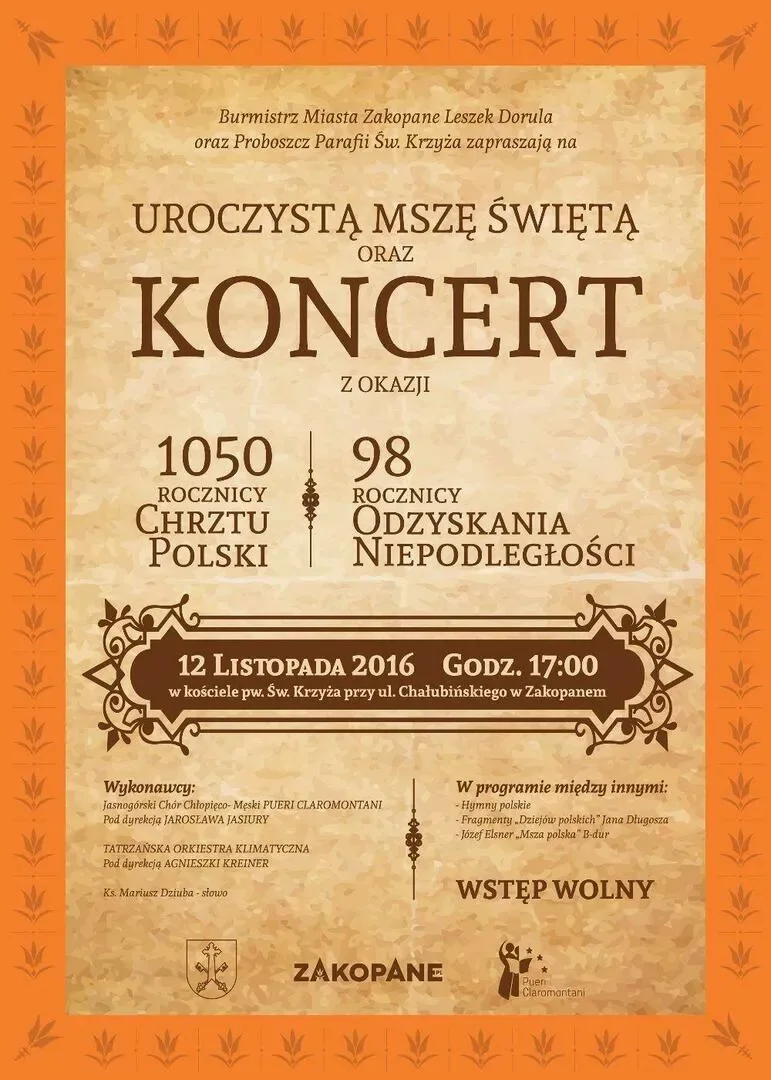 Uroczysta Msza Święta i koncert z okazji 1050 rocznicy Chrztu Polski i 98 rocznicy odzyskania niepod