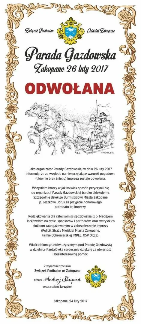 Parada Gazdowska Zakopane – Pardałówka - ODWOŁANA