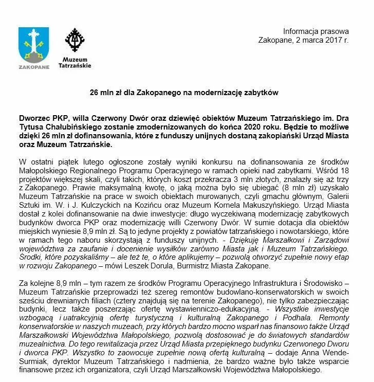 26 mln zł dla Zakopanego na modernizację zabytków