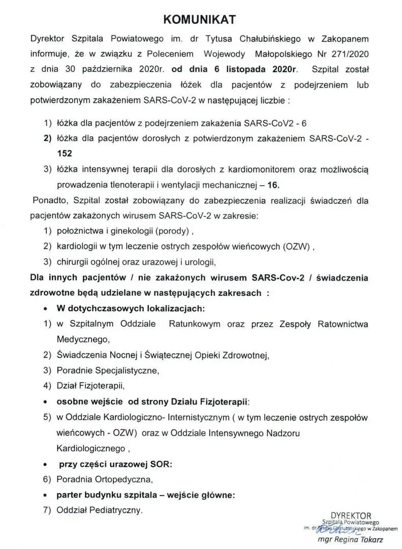 KOMUNIKAT - zabezpieczenie łóżek oraz realizacji świadczeń dla pacjentów z podejrzeniem lub potwierd